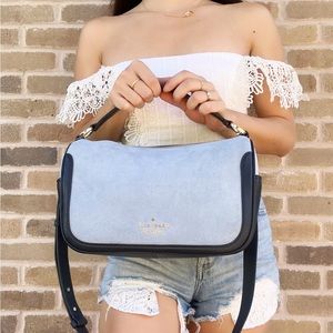 Kate Spade Top Zip Satchel Crossbody Blazer Blue Suede Leather Mixed